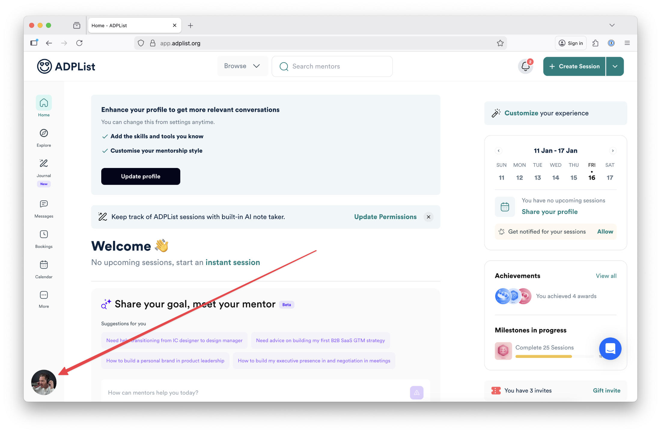 Default ADPList account page with arrow pointing to avatar (which opens the account menu) 