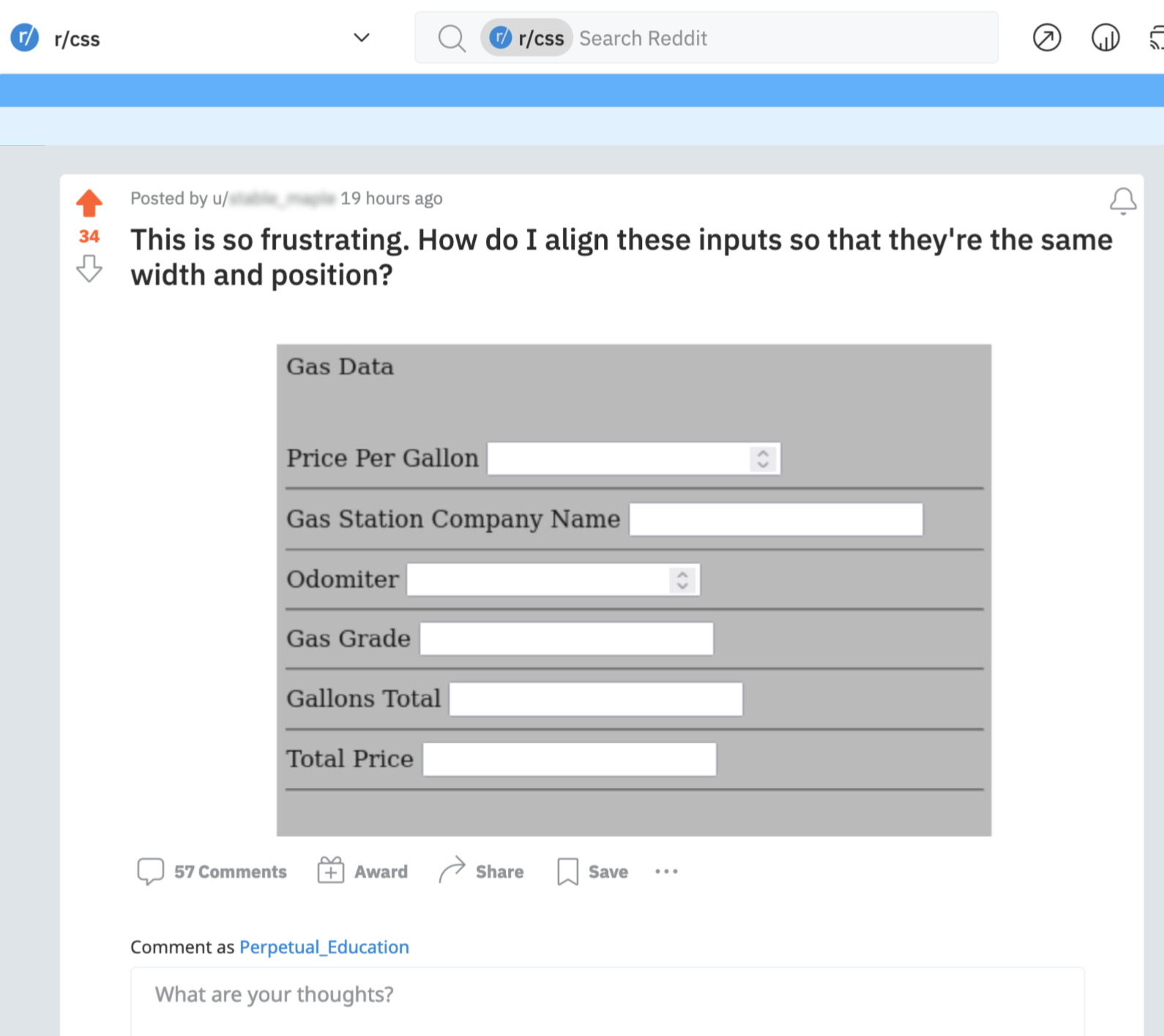 Reddit question with screenshot of awkwardly spaced labels and inputs in a form