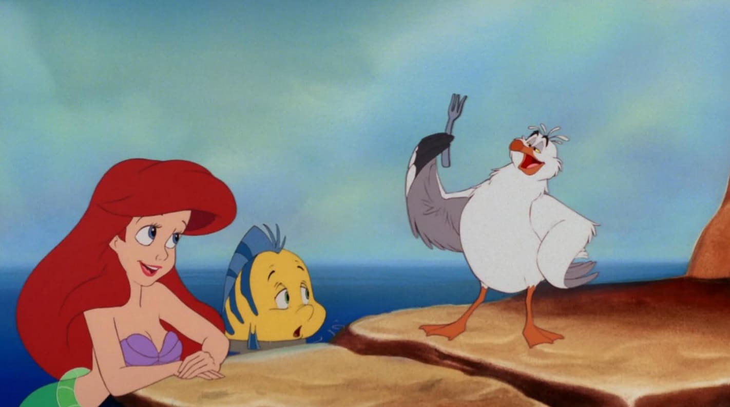 Scuttle from the little mermaid holds up a fork, and confidently explains to Ariel it