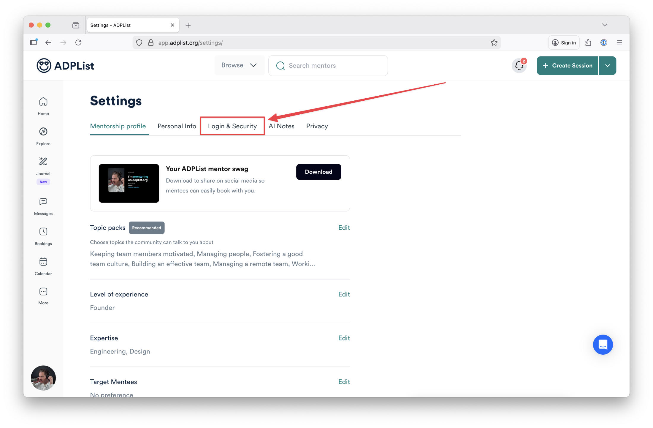 Settings page with arrow pointing to login & security page