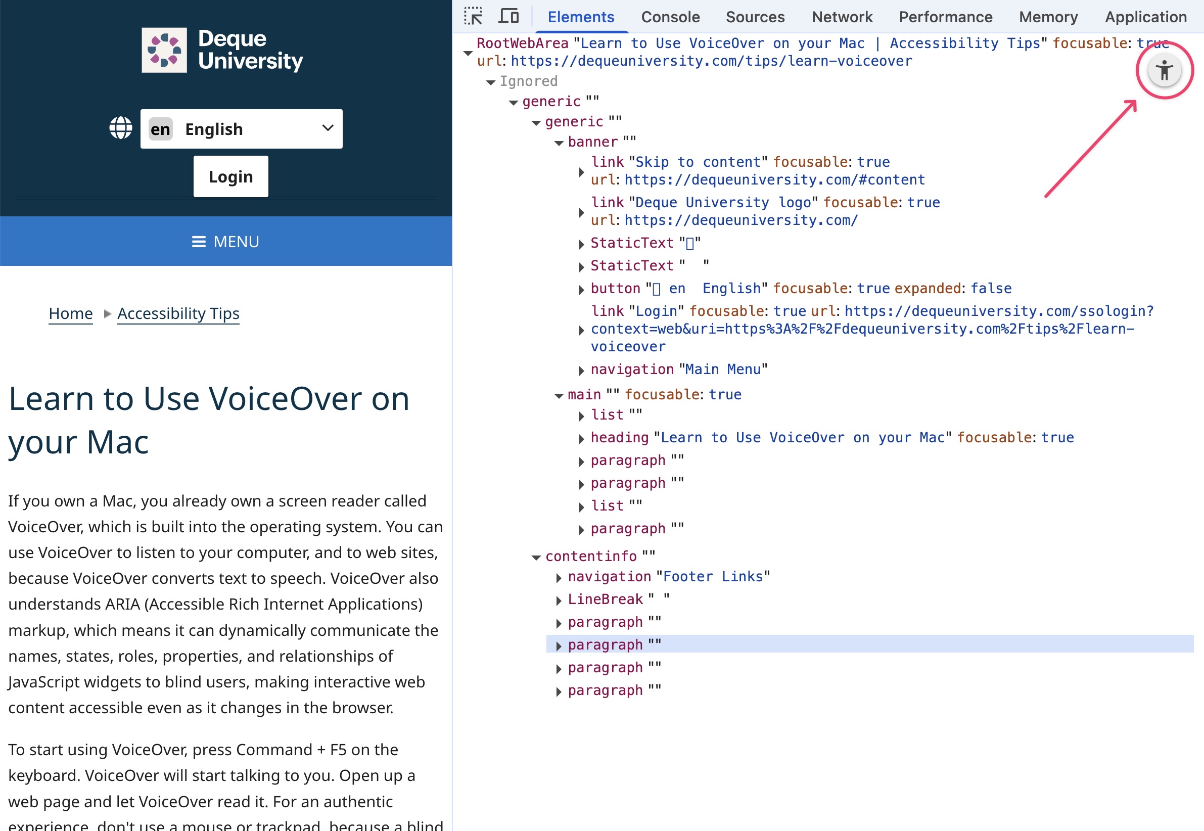Screenshot showing the browser dev tools accessibility tree view - which instead of HTML element, shows something more like the screenreader landmarks list