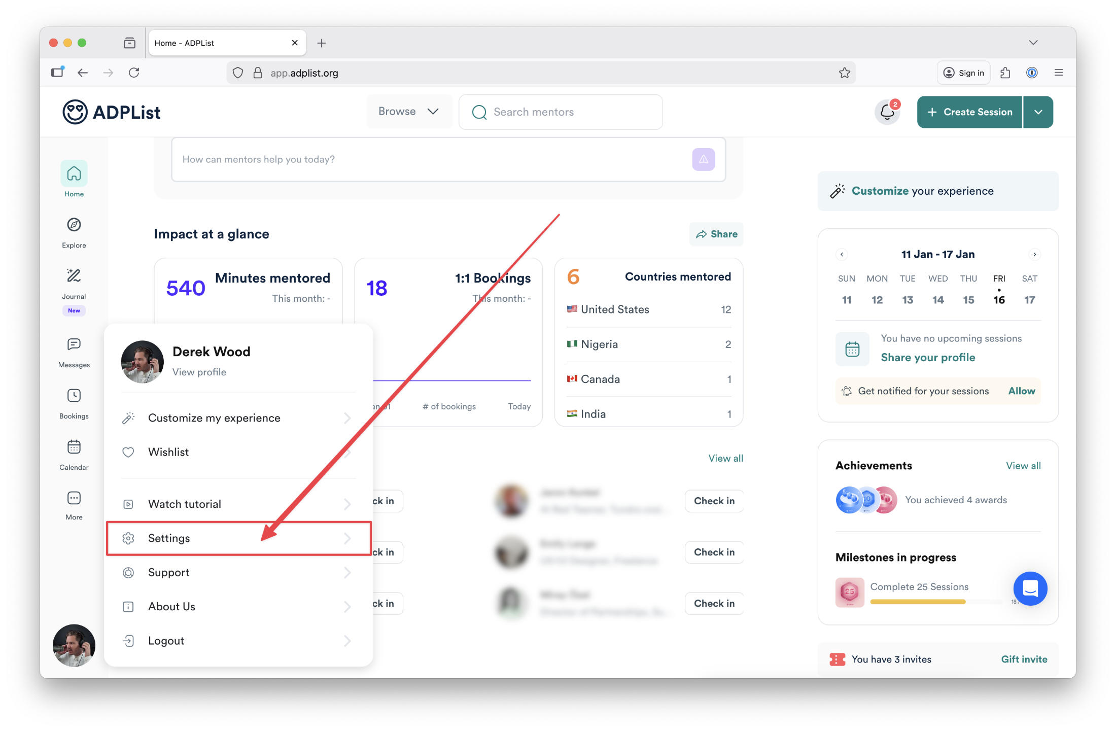 Account menu open with arrow pointing to settings link